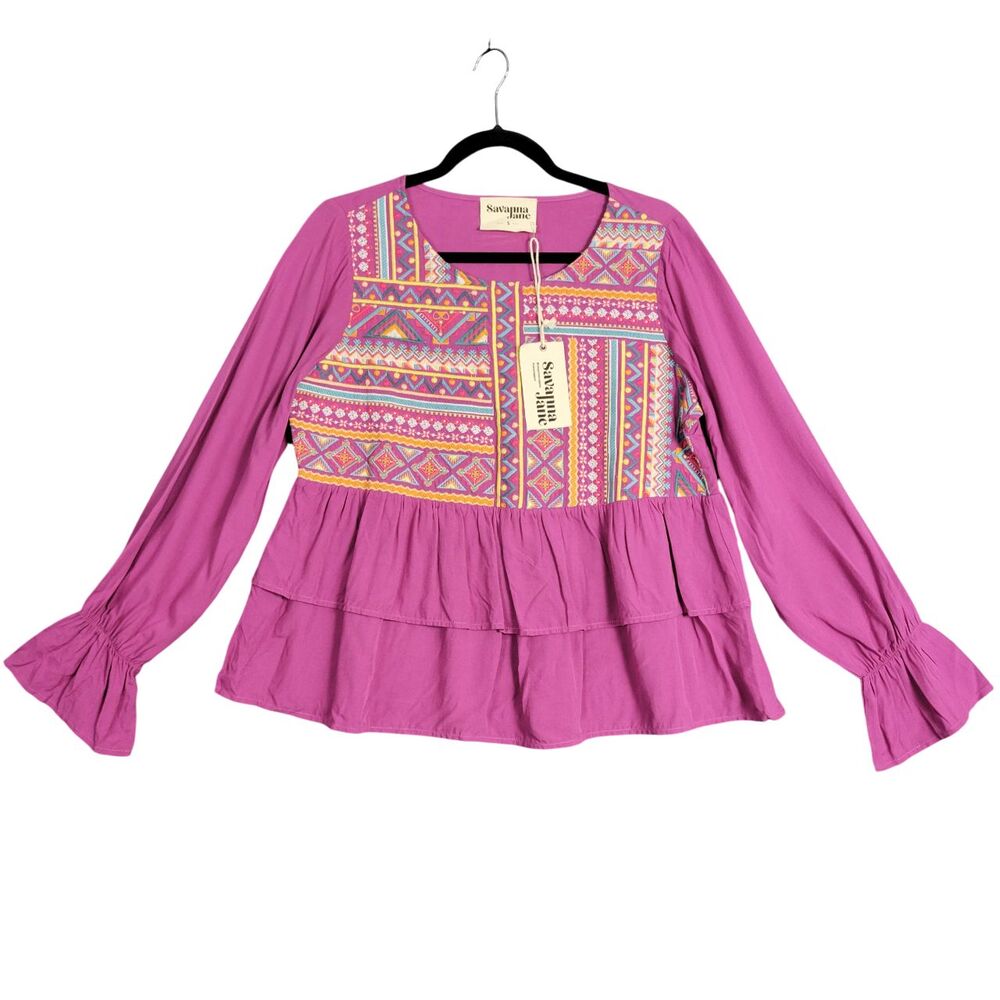 SAVANNA JANE Purple Tiered Bohemian Geometric Colorful Boho Top SIZE SMALL
